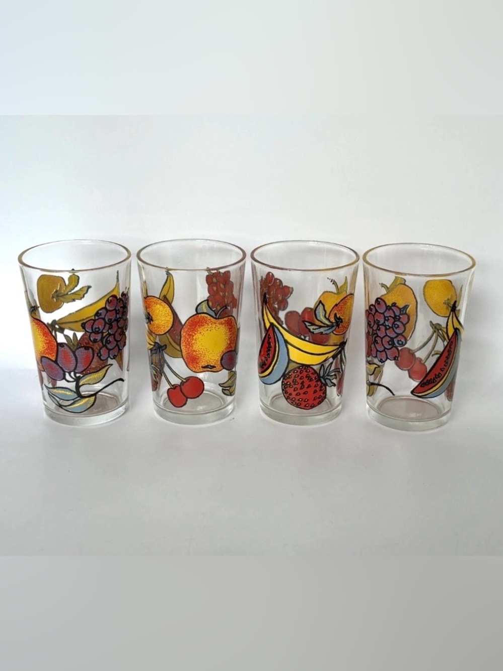 4 Vintage Morning Star Juice Glasses, Fruit Design (7oz/10cm tall)